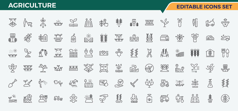 Agriculture linear icon set. Minimalist icons pack. It contains symbols to garden, farm, gardening, agro, plant. Editable stroke. Vector illustration. Farming icon collection.