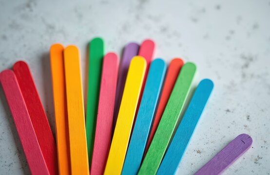 Colorful popsicle sticks arranged in a fan shape on a textured surface. They are used for crafts and educational counting exercises. Variety of bright colors.