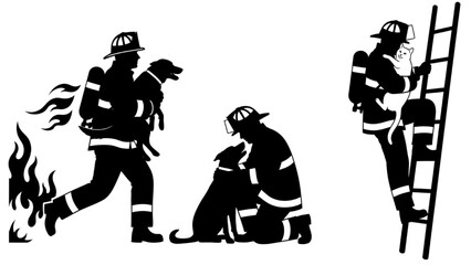 Naklejka premium Firefighter Rescuing Animals During Fire Emergency and Climbing Ladder Illustration