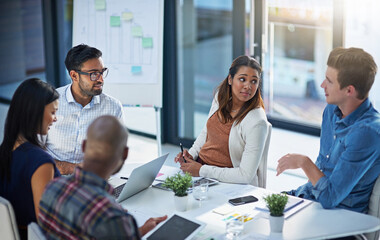 Planning, discussion and office with business people in meeting for review, presentation and...