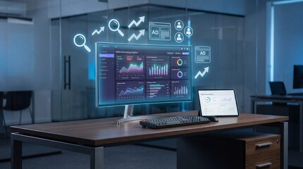 Naklejka premium Modern office with holographic display showing data analytics and insights.