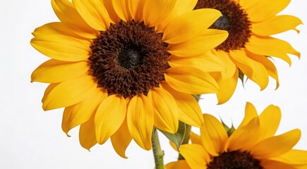 Obraz premium Macro close-up of vibrant yellow sunflowers with dark brown centers isolated on white background