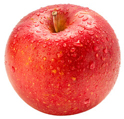 Red apple with water droplets isolated on white with work path, close up highlighting juicy texture, natural freshness and healthy organic fruit concept.PNG File.