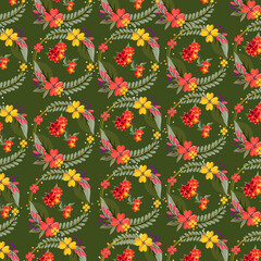 Obraz premium seamless floral patternDark Green Tropical Floral Seamless Pattern with Red and Yellow Flowers