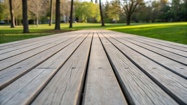 Parallel wooden planks arranged in a spacious outdoor seating area