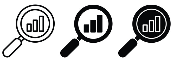Magnifying, glasses with bar charts for data analysis and research, analytic business concept, magnifier chart icon, statistics, performance evaluation, modern flat vector