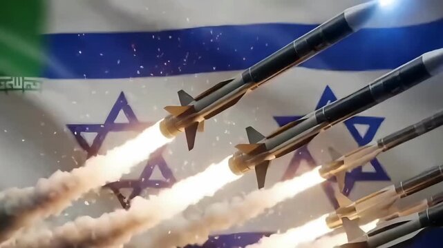 Missile attack between Iran and Israel with rockets flying across national flags symbolizing war escalation military tension global crisis concept animation video