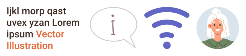 Communication, information access, online learning, digital literacy, connectivity, elderly technology use. Speech bubble, information icon wireless signal elderly woman portrait. Communication © robu_s