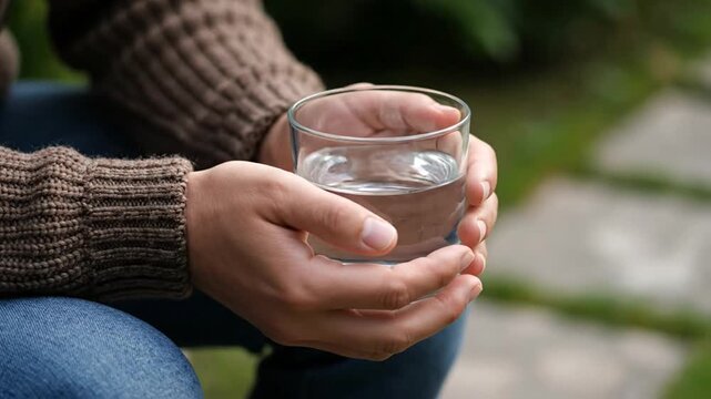 Hands hold clear water glass.