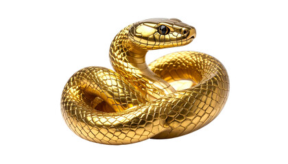 Fototapeta premium A coiled, ornate golden snake sculpture, isolated on a black background, with detailed scales
