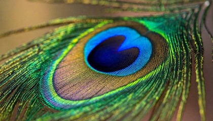 Obraz premium Close-Up of Vibrant Peacock Feather with Iridescent Blue and Green Colors