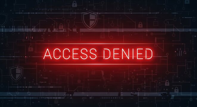 Access denied warning, digital security interface with neon red text and lock icons