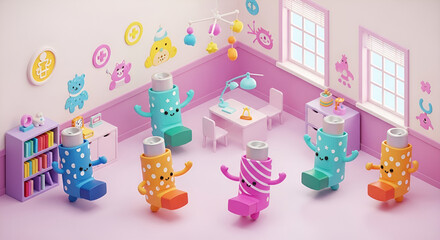 Obraz premium Friendly Inhaler Cartoon Characters in a Pastel Child Room