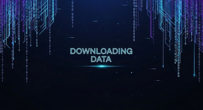 Abstract data stream of binary code falling and connecting, with glowing neon lines and futuristic digital background.