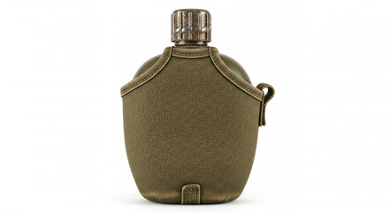 Obraz premium Classic olive drab military canteen with fabric cover and metal cap on a white background.