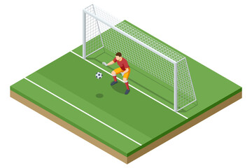 Fototapeta premium Isometric football goalkeeper defending goal with soccer ball near net on field. Sport defense action concept. Championship competition, teamwork, training and professional stadium sport event.