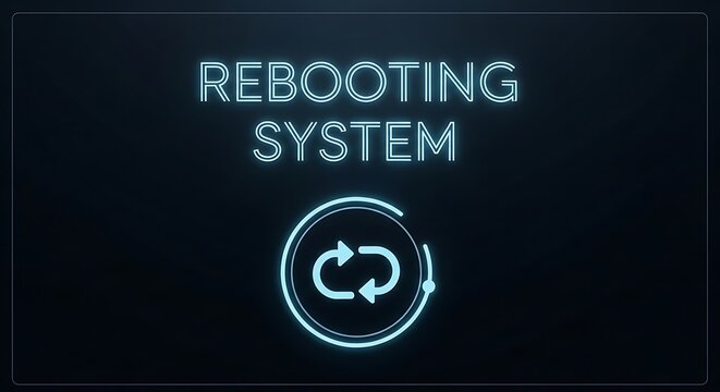 System rebooting screen with animated loading circle and neon text.