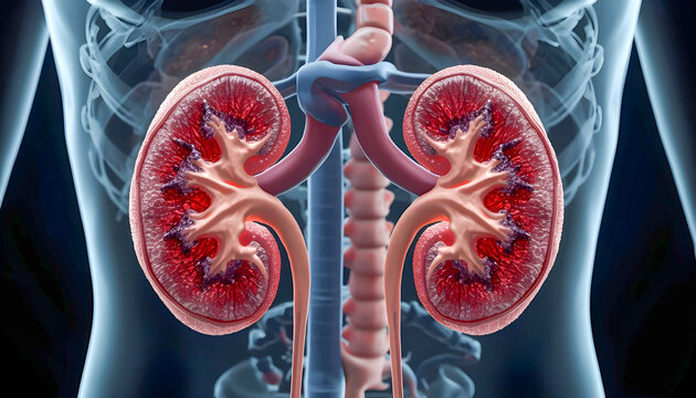Realistic AI-Generated Illustration of Human Kidneys Showing Acute Renal Failure with Dark Damaged Tissue and Weakened Filtration Structures