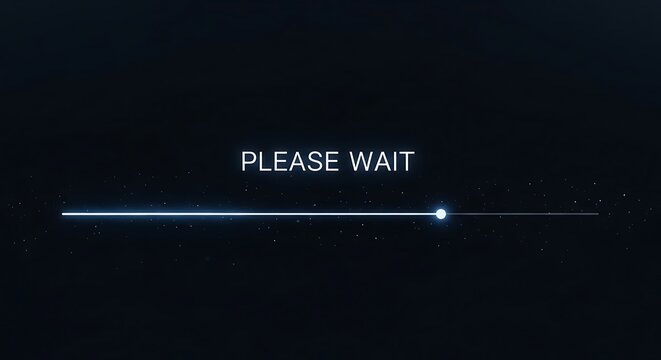 Please wait loading bar with animated glowing line and starry background.