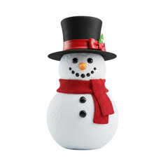 cheerful 3d rendered snowman with carrot nose and black coal eyes, wearing a black top hat and red knit scarf, isolated on a transparent background with copy space. Festive winter symbol concept