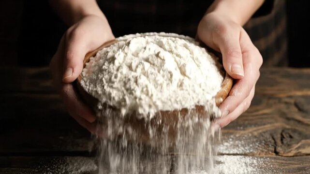 Hands offer bowl of flour.