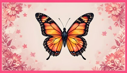 Obraz premium Feminine Pink Butterfly Background with Decorative Border and Vector Animal Illustrations, Elegant Design