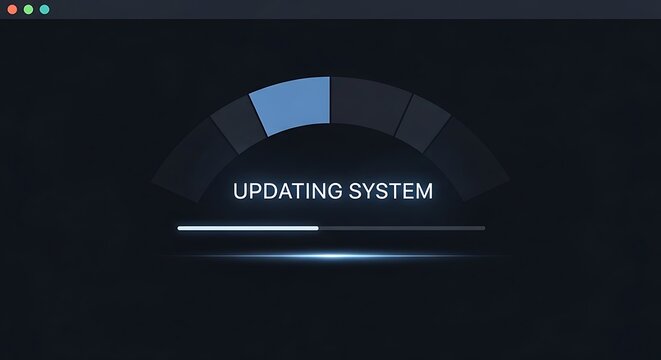 System update progress bar and loading circle on dark background, technology concept