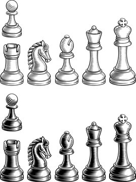 Black and white illustration of classic chess pieces in vinatge engraved woodcut style design. Full set includes pawn, knight, rook, bishop, queen and king arranged by color.