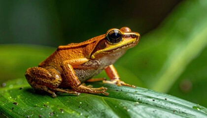 Obraz premium A bright orange frog with black markings sits on a lush green leaf in a tropical environment, showcasing its vibrant coloration and delicate features