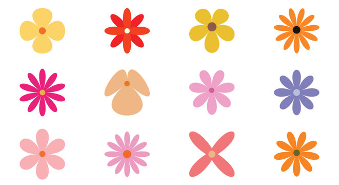Set of colorful, simple, flat design spring flowers and retro floral icons isolated on a transparent background vector