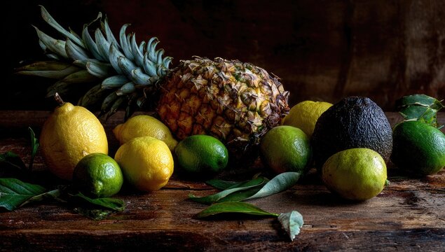 A still life of diverse, colorful fruits, including a pineapple, lemons, limes, and an avocado, sits on a rustic wooden surface