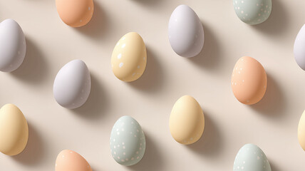 Fototapeta premium Easter joy shines through with gentle pastel decorated eggs laid out in a lovely seamless pattern Generative AI
