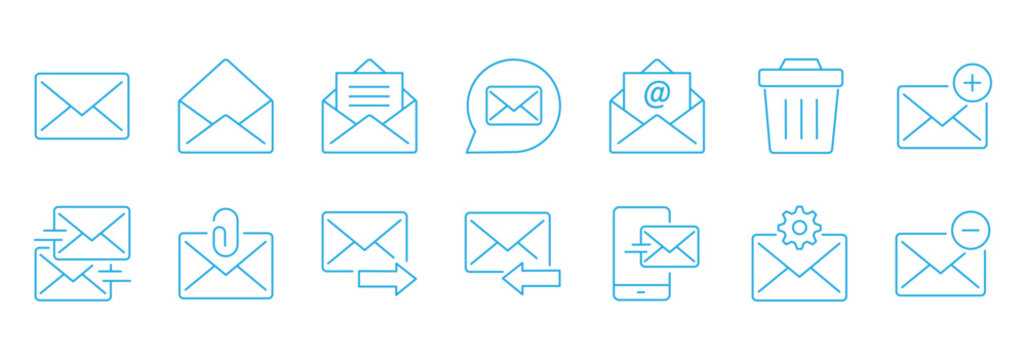 Email Icons Collection%3A A set of six meticulously crafted line icons representing various email-related concepts  perfect for digital design projects.