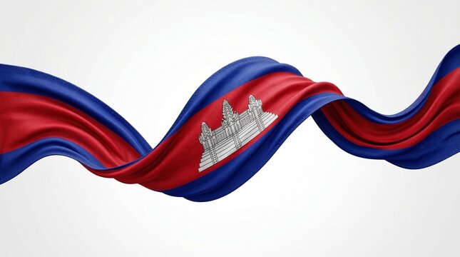 Cambodian flag stylized as a continuous, billowing fabric wave featuring the Angkor Wat silhouette against a soft white backdrop for conceptual use.