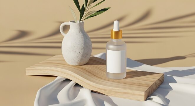 Serum bottle and vase with plant on wooden board in desert serum mockup
