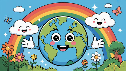 Fototapeta premium Smiling earth with hands and face rainbow clouds flowers and butterflies in a vibrant landscape