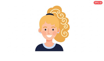 Blonde Curly Ponytail Smiling Woman Flat Avatar Vector Illustration Isolated on White Background