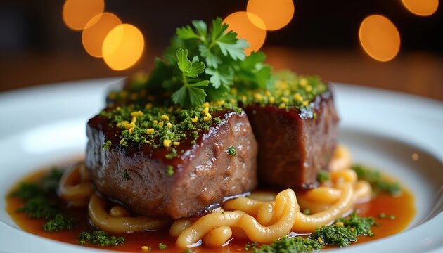 Two pieces tender braised veal shank meat sit atop pasta. Aromatic gremolata garnish adds fresh zest. Delicious gourmet entree presented on white plate with bokeh lights background.