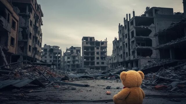 Lonely Teddy Bear Sits Amidst The Ruins Of War-torn City Rubble Destroyed Buildings In The Background Somber Depiction Of Loss Desolation For News Awareness Campaigns