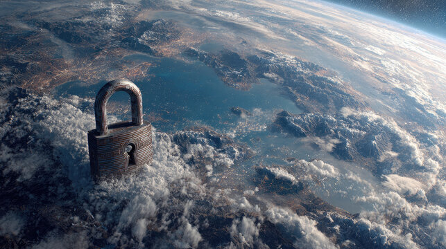 A large padlock hovering above Earth, symbolizing security and protection in a cosmic landscape