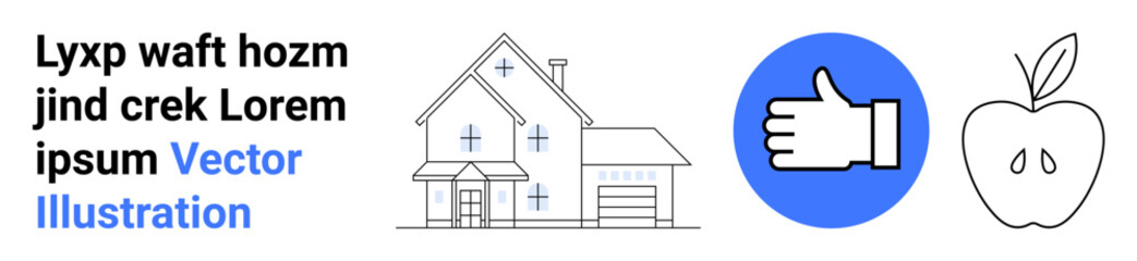 Obraz premium Homeownership, healthy living, approval ratings, sustainability, lifestyle choices, real estate . Minimalist house, thumbs up icon and apple graphic. Homeownership and healthy living concepts