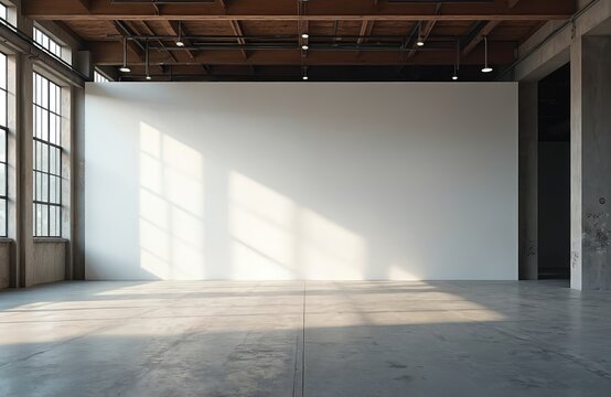 Vast empty interior space with concrete floor, large blank white wall. Sunlight streams through industrial windows creating shadows across floor, wall. Exposed wooden beams, ductwork adorn ceiling.