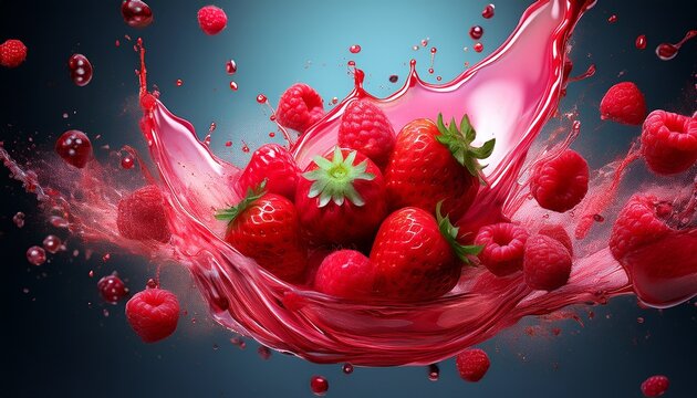 dynamic red berry fruit juice explosion with ripe strawberries and raspberries