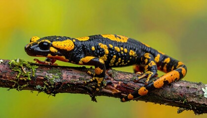 Fototapeta premium Close-up of a vibrant fire salamander resting on a moss-covered branch amidst a softly blurred background of autumnal colors