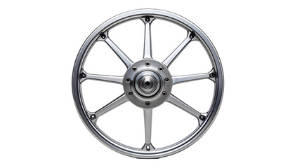 Fototapeta premium A close-up, isolated image of a metallic, spoked wheel on a black background
