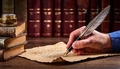 hand writing with fountain pen on antique paper near books