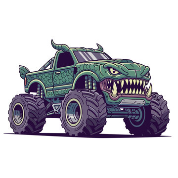 A green monster truck with a dragon design, featuring large tires and sharp teeth, set against a white background. Perfect for vehicle illustrations, monster truck designs, and automotive