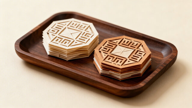 Professional 3D Paper Craft of Traditional Korean Tea Treats Dasik with Geometric Patterns on Wooden Tray