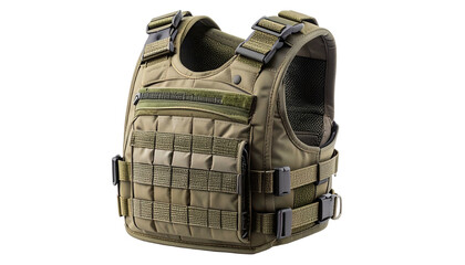 Close-up of olive drab tactical vest with MOLLE webbing and buckles, isolated on black