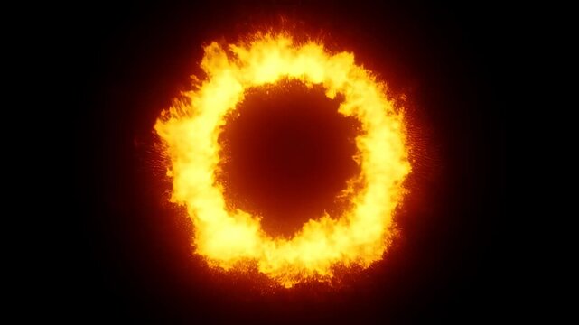 Fiery ring portal motion graphic animation elemental fire effect loop fire flame ring portal, black.
